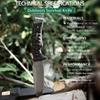 Technical specifications of outdoors survival knife featuring DC 53 steel blade, G10 handle, and Kydex sheath.