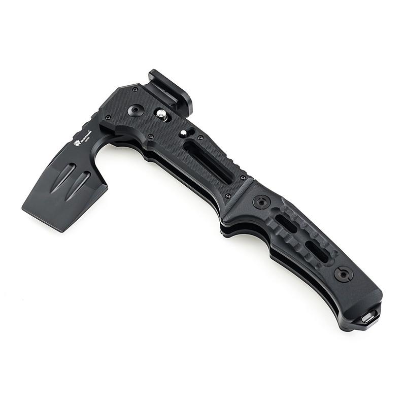Tactical folding adze and hammer multi-tool with black handle isolated on white background