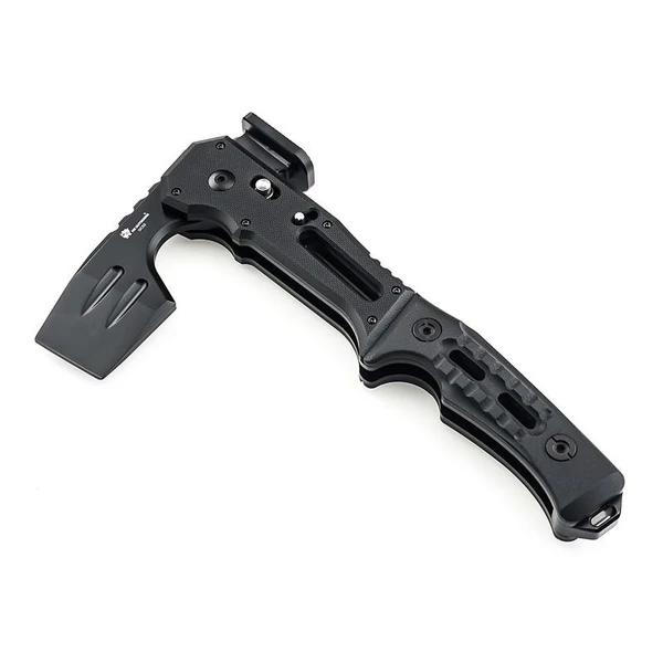 Tactical folding adze and hammer multi-tool with black handle isolated on white background