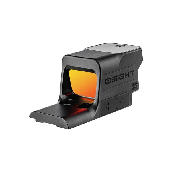 Olight Osight red dot sight with orange reflective lens isolated on a white background