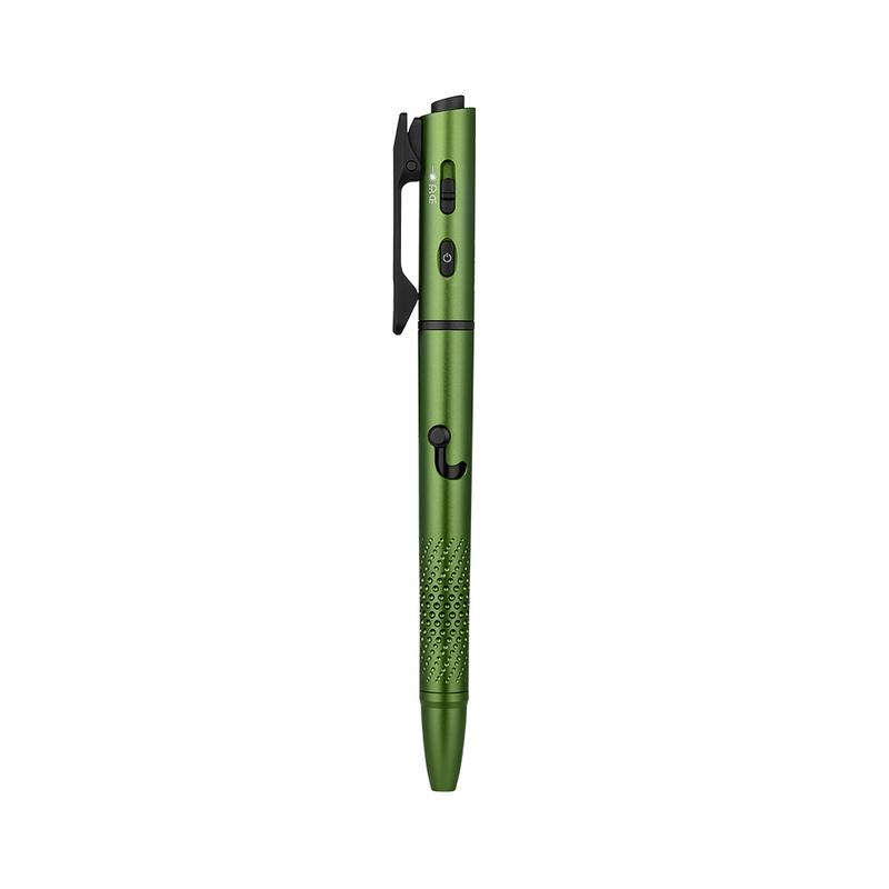 Metallic green tactical pen flashlight with textured grip and pocket clip isolated on white background