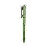 Metallic green tactical pen flashlight with textured grip and pocket clip isolated on white background