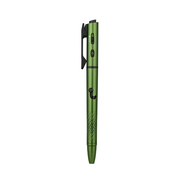 Metallic green tactical pen flashlight with textured grip and pocket clip isolated on white background