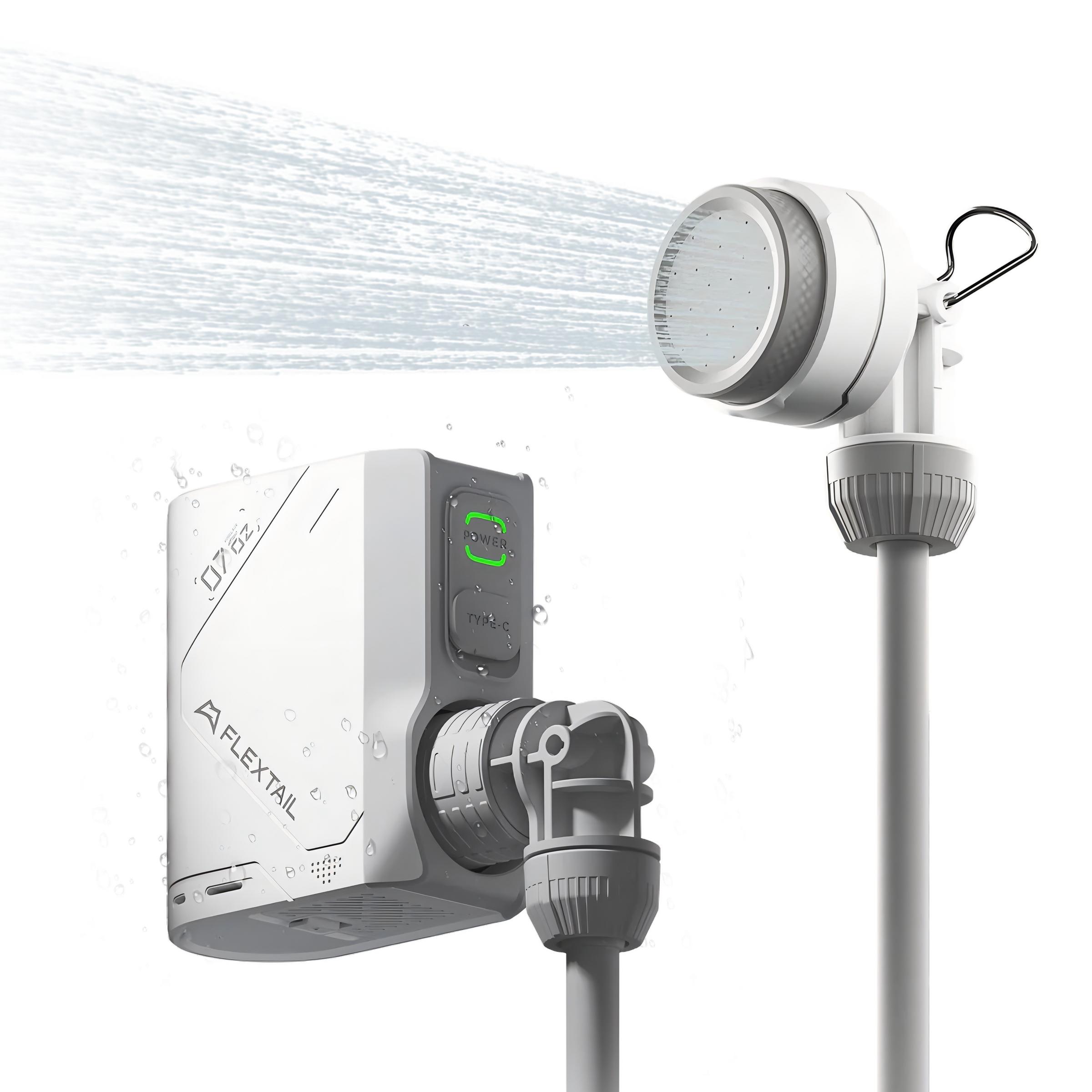 Flextail portable camp shower with water pump and spraying shower head on white background
