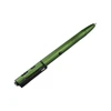Metallic green multi-function tactical pen with integrated flashlight and textured grip on a white background