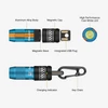 Olight keychain flashlight diagram showing aluminum body, magnetic USB charger, LED bulb, and charging indicator.