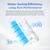 Portable shower pump inner structure showing 2500mAh blue battery highlighting water-saving efficiency and run time