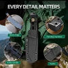 Tactical knife in black Kydex sheath on green backpack with close-ups of sharp edge, pommel hammer, and handle.