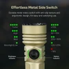 Tactical flashlight metal rotary side switch showing brightness level and battery status indicator charts
