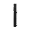 Slim profile view of a black tactical EDC flashlight with pocket clip and textured grip on a white background