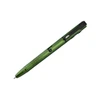 Metallic green tactical pen flashlight with textured grip and pocket clip isolated on white background