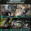 Professional outdoor survival kit knife being used for camping, batoning, cooking, chopping wood chips, and breaking windows