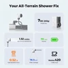 Flextail portable camp shower specifications showing water flow weight and runtime details