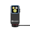Black Olight Oclip 2 Pro Clip-on Light Front View with Triple LED Lenses and Charging Cable for Hands-free Outdoor Use