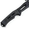Close-up of textured black tactical folding knife handle with screws and lanyard hole on white background