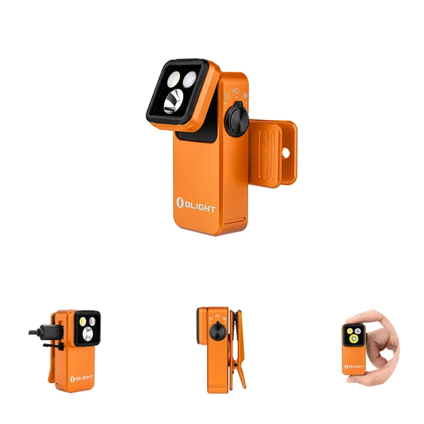 Olight Orange Oclip 2 Pro Mini Clip-on Light showing multiple angles, USB charging, and compact hand-held size for EDC use