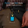 Olight Blue Oclip 2 Pro Compact EDC Flashlight Clipped on Waist Bag Showing Pocket Size and Weight for Travel and Daily Use