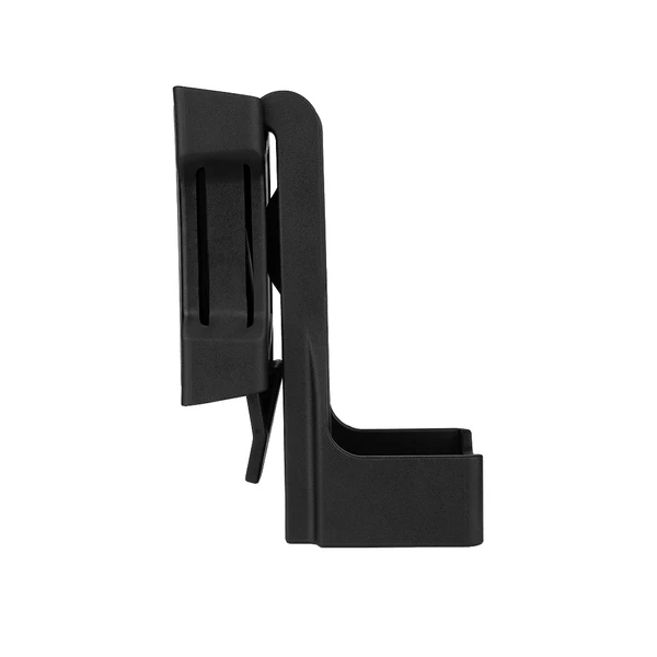 Black polymer radio belt clip holster side profile view on white background