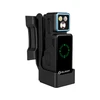Olight compact tactical flashlight with digital battery display in a black belt clip holster isolated on white background