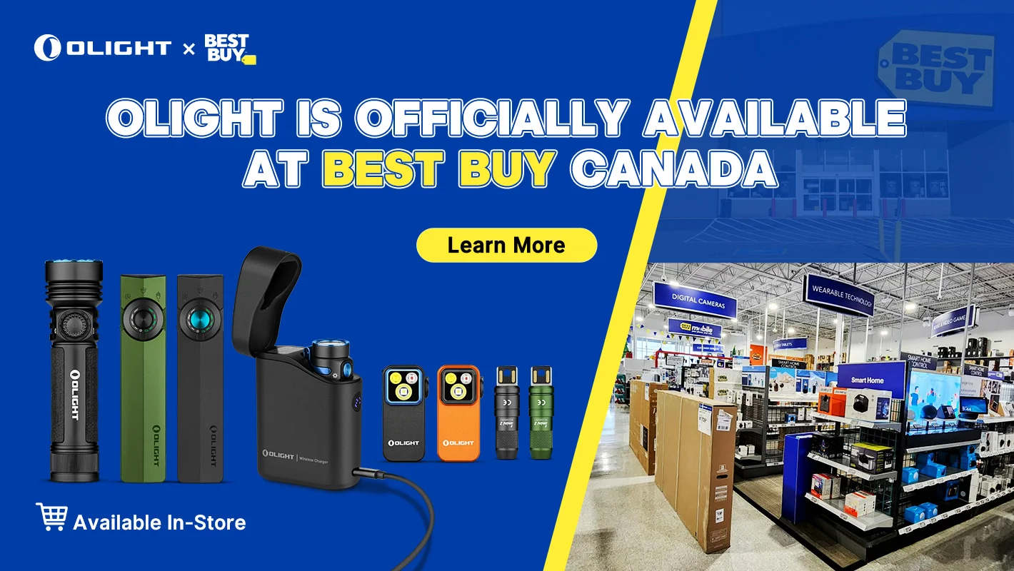 Olight flashlights and portable gear now at Best Buy Canada. Products shown with store interior.