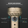 Olight flashlight with intuitive interface, showing brightness, battery level, and light color indicators.