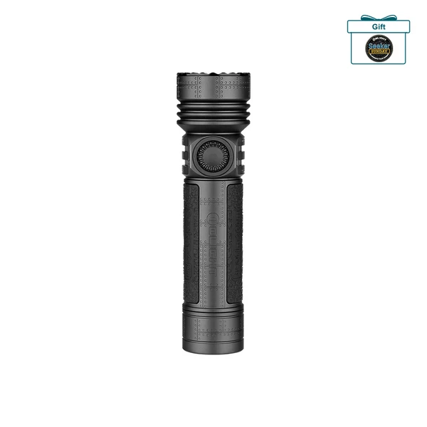 Olight Black Seeker 4 Pro Flashlight Front View with Textured Grip and Rotary Switch Knob for Outdoor Camping and Search