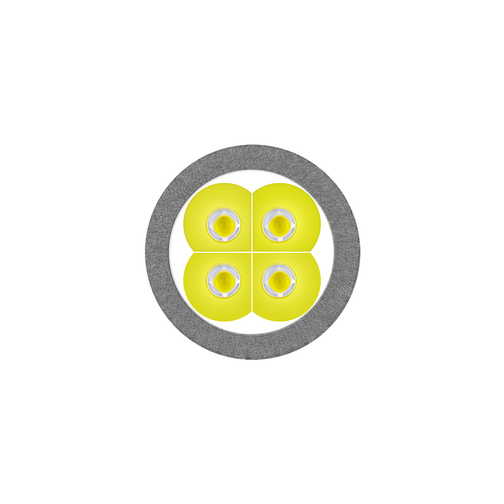 Circular LED module with four yellow emitters, visible white chips, and a textured gray bezel.
