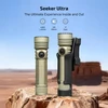 Olight Seeker Ultra flashlight with holster on desert rocks showing 4800 lumens and 265 meters beam distance specifications