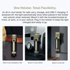 Olight flashlight in a multi-functional charging holster attached to a belt, a car dashboard, and a wall mount.