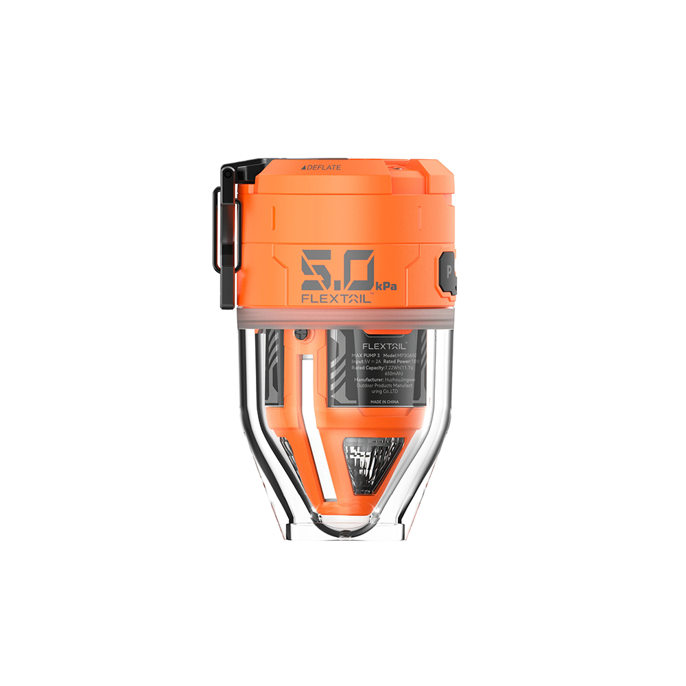 Flextail Max Pump 3 orange portable air pump with transparent lower body isolated on white background