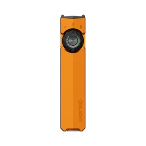 Olight orange flat EDC flashlight with rotary selector dial isolated on black background