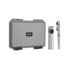 Olight grey tactical hard case next to a metallic slim flashlight and bolt-action pen on white background