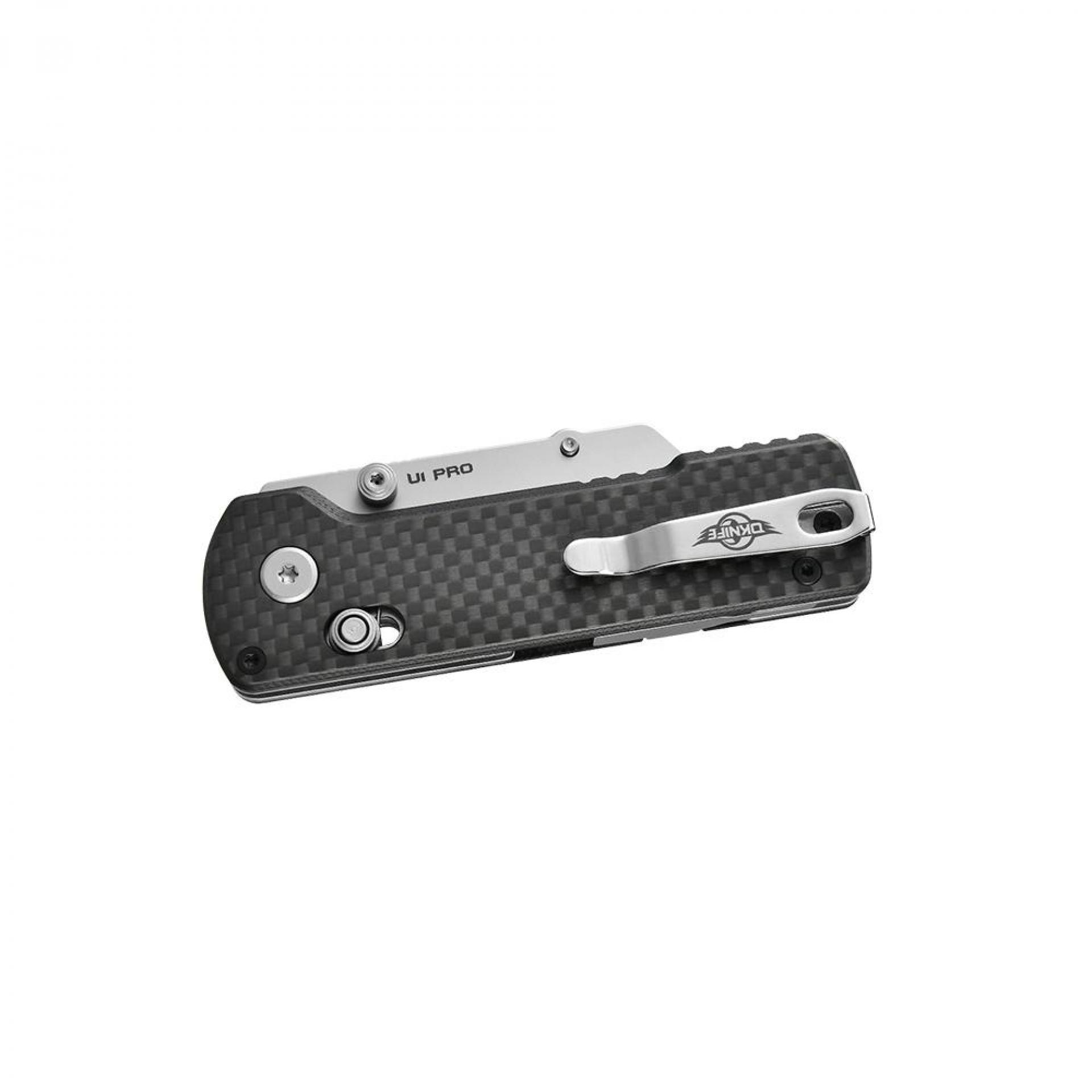 Olight U1 Pro black carbon fiber folding knife, side view with pocket clip for EDC.