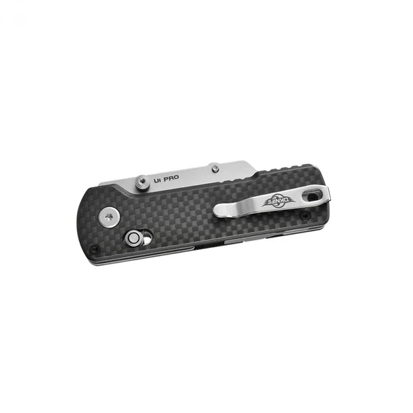 Olight U1 Pro black carbon fiber folding knife, side view with pocket clip for EDC.