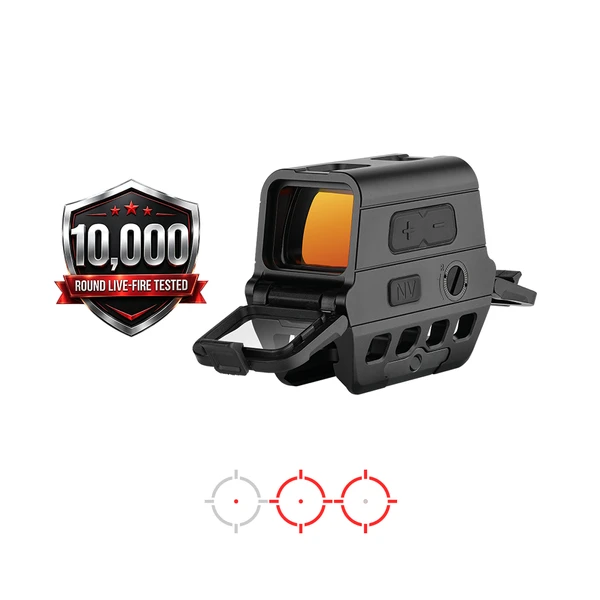 Tactical holographic red dot sight with NV mode and 10000 round live-fire tested badge on white background