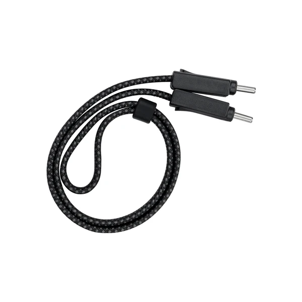 Black braided cord with dual pin connectors and plastic adjuster.