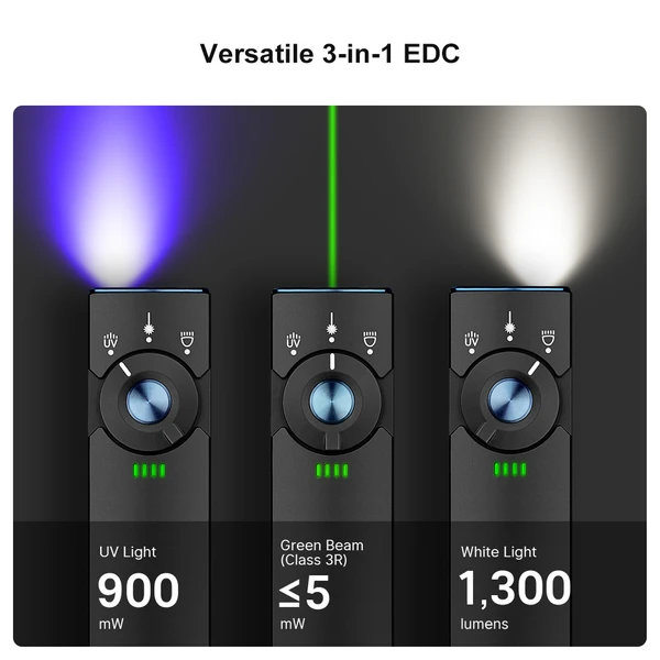 Arkfeld Pro EDC Flashlight 1300lm 3 in 1 UV Light Green Laser Flat