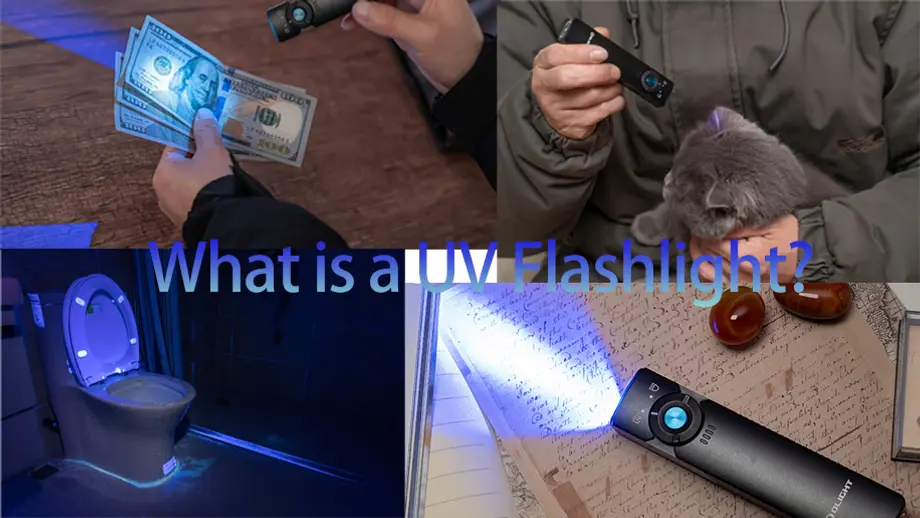 UV flashlight used for detecting counterfeit money, inspecting pet stains, and highlighting surfaces with ultraviolet light.