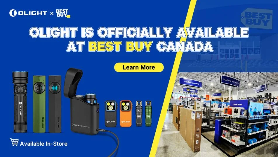 Olight flashlights and portable gear now at Best Buy Canada. Products shown with store interior.