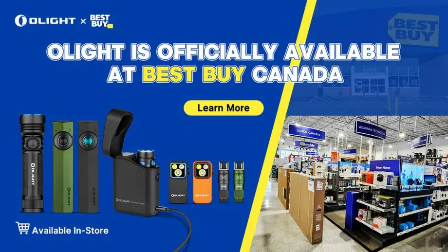 Olight flashlights and portable gear now at Best Buy Canada. Products shown with store interior.