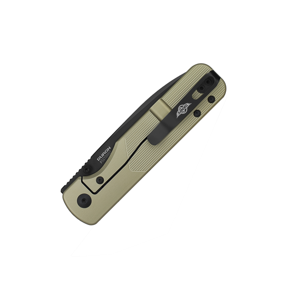 OKNIFE Duron tan tactical folding knife with black pocket clip.
