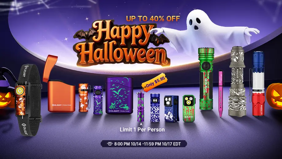 Olight Halloween sale: Themed flashlights, headlamps, accessories, up to 40% off. Ghost graphic.