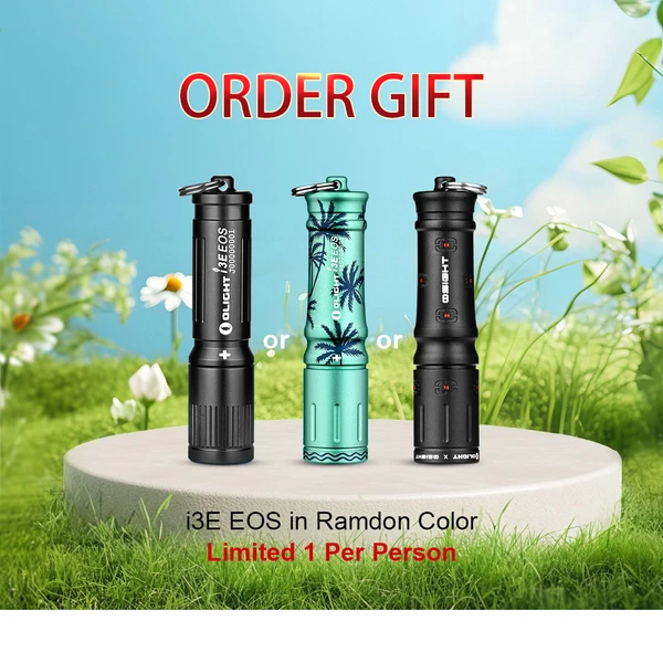 Three i3E EOS flashlights in black, turquoise with palm trees, and all black. Order gift, limited 1 per person.