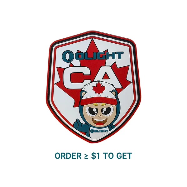 Olight Canada shield patch featuring a maple leaf and a cartoon character with a thumbs up.