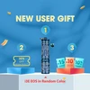 Olight i3E EOS keychain flashlight and discount coupons for new user registration gifts on a blue background