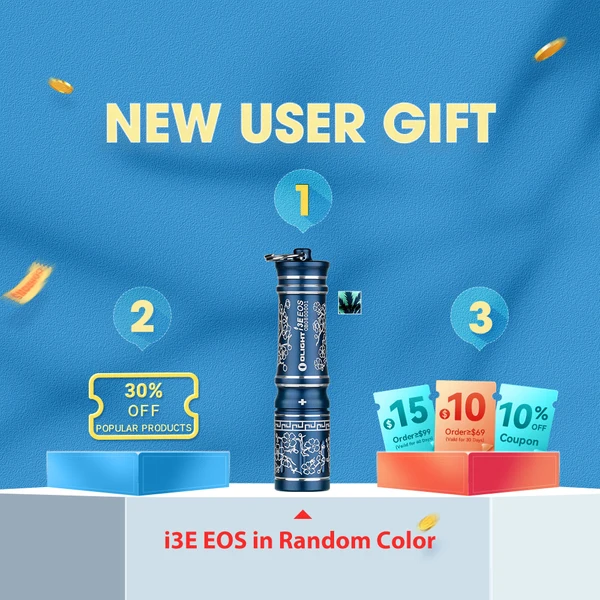 Olight i3E EOS keychain flashlight and discount coupons for new user registration gifts on a blue background