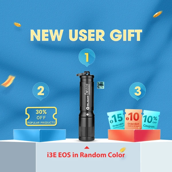 Olight i3E EOS flashlight, new user gift, 30% off popular products, coupons for $15, $10, and 10% off.